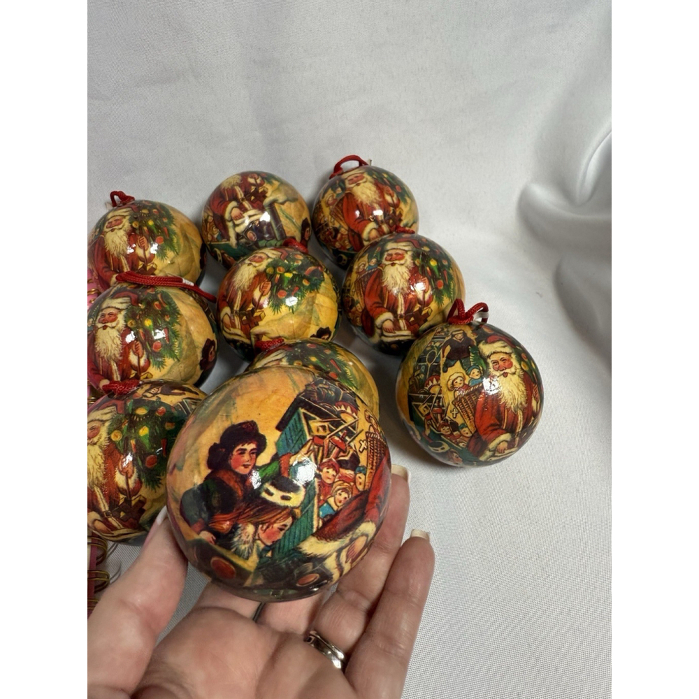 Vintage Paper Mache Christmas Ornament Small Round Santa w/Kids Lot Of 10 RARE